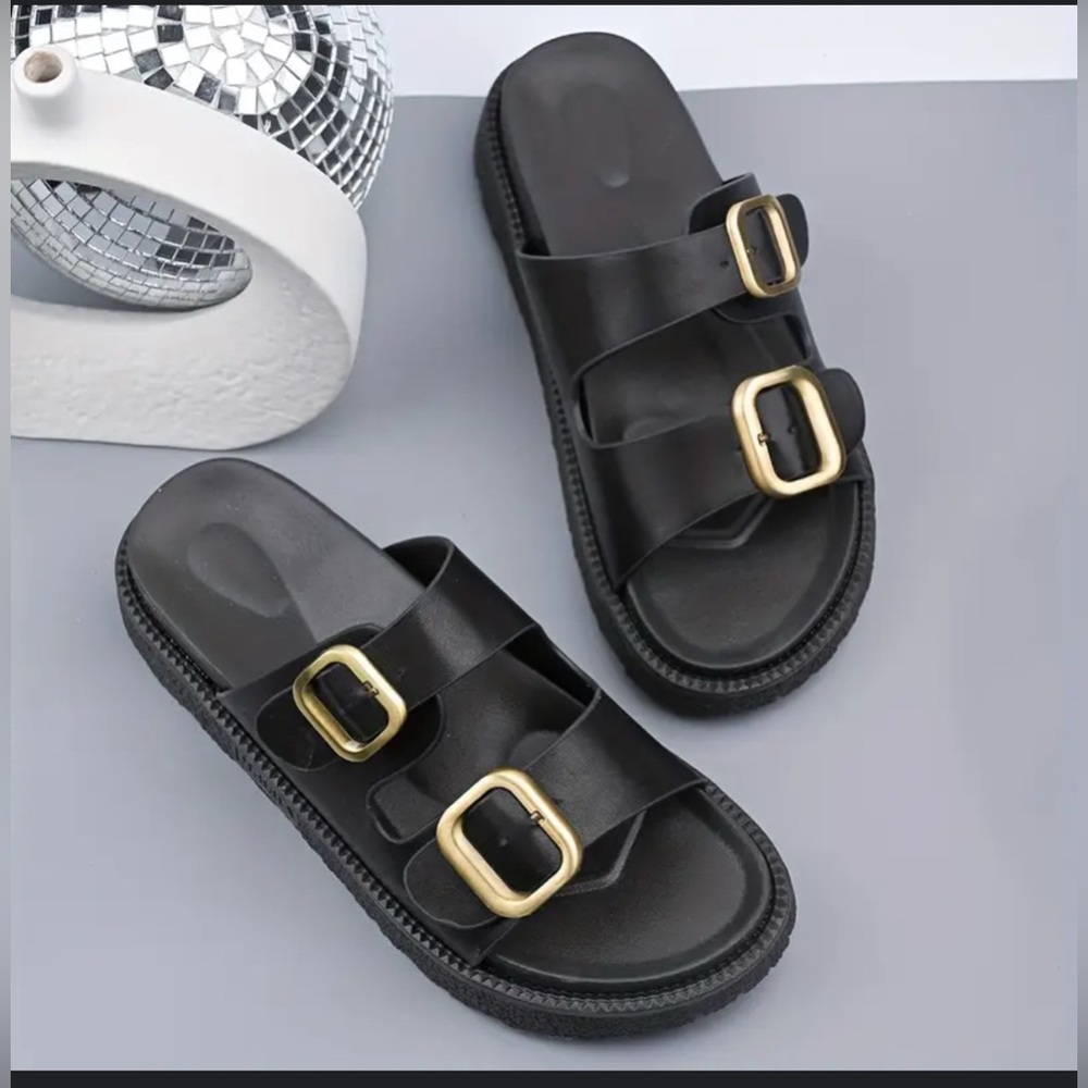 Black Sandals with Gold Buckles